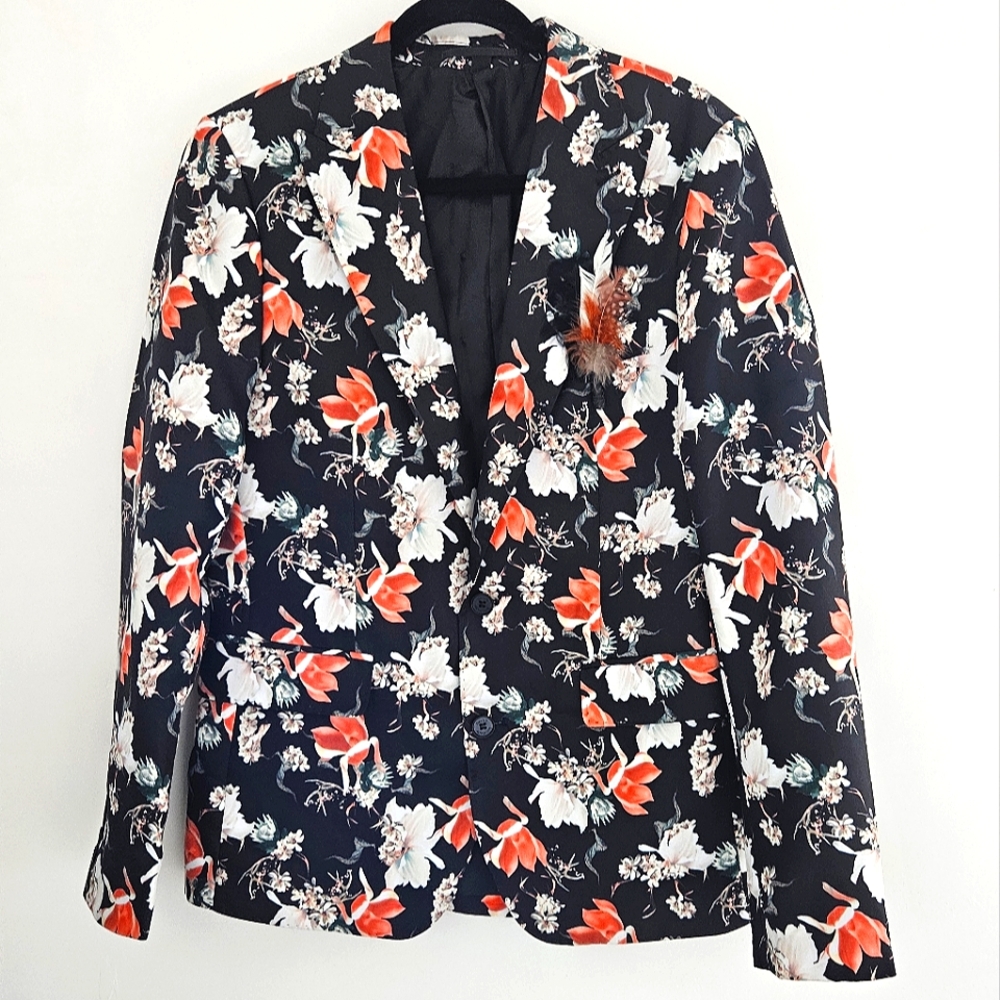 Devil's Advocate Men's Salmon Floral Contrast Black Feather Accent Blazer